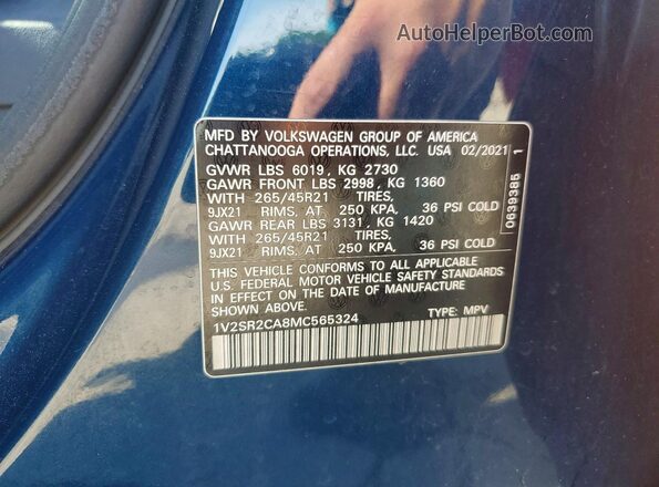 1V2SR2CA8MC565324 2021 VOLKSWAGEN ATLAS Blue Widok naklejki z numerem VIN