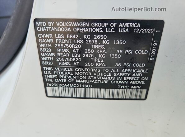 1V2TE2CA4MC211607 2021 VOLKSWAGEN ATLAS White Вид наклейки з VIN-кодом