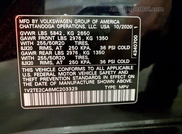 1V2TE2CA6MC203329 2021 VOLKSWAGEN ATLAS Черный Вид наклейки с VIN-кодом