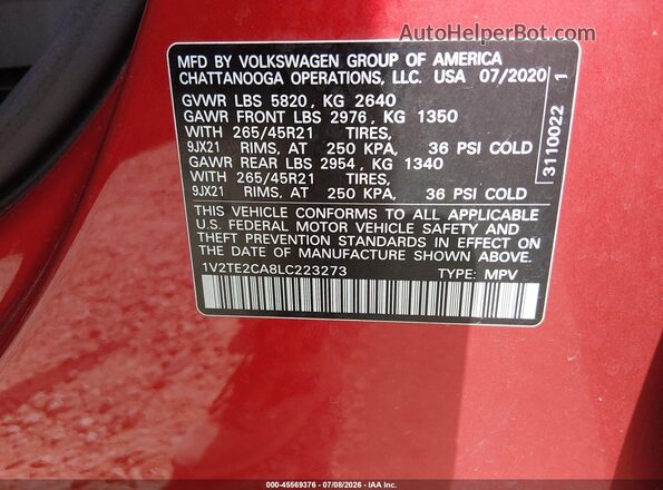 1V2TE2CA8LC223273 2020 VOLKSWAGEN ATLAS Red Շարժիչի բաժամունքի տեսք
