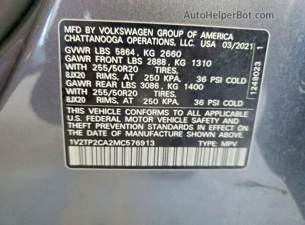 1V2TP2CA2MC576913 2021 VOLKSWAGEN ATLAS Gray VIN კოდის სტიკერის ხედი