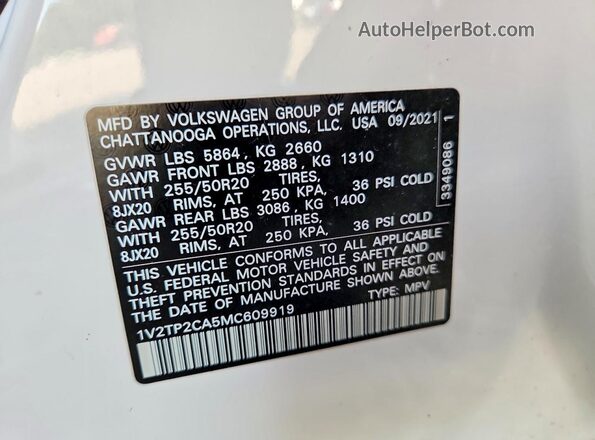1V2TP2CA5MC609919 2021 VOLKSWAGEN ATLAS White Widok wnętrza 360 stopni