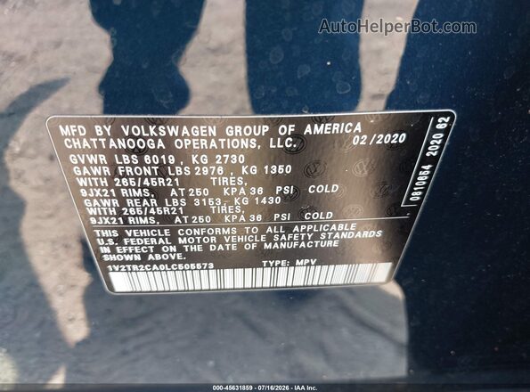 1V2TR2CA0LC505573 2020 VOLKSWAGEN ATLAS Blue ძრავის განყოფილების ხედი