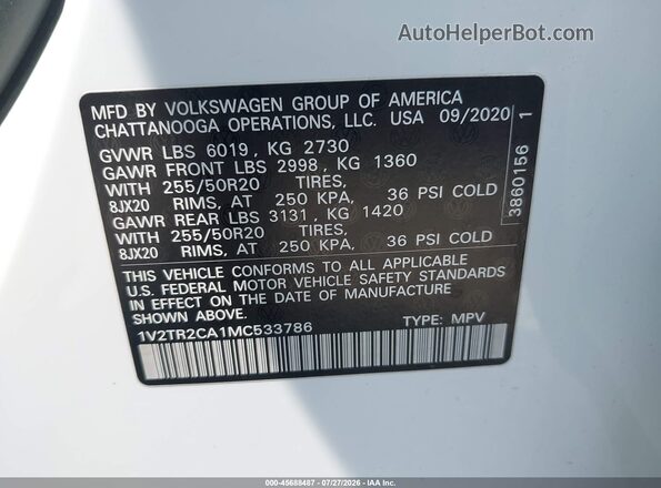 1V2TR2CA1MC533786 2021 VOLKSWAGEN ATLAS White ძრავის განყოფილების ხედი