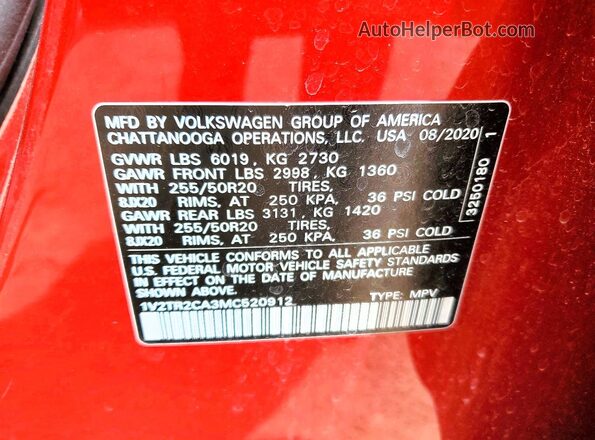 1V2TR2CA3MC520912 2021 VOLKSWAGEN ATLAS Red Vista de la etiqueta del VIN