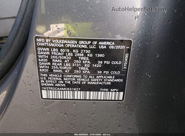 1V2TR2CA4MC531627 2021 VOLKSWAGEN ATLAS Gray Շարժիչի բաժամունքի տեսք