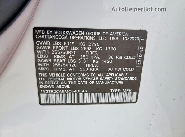 1V2TR2CA5MC540546 2021 VOLKSWAGEN ATLAS White VIN კოდის სტიკერის ხედი
