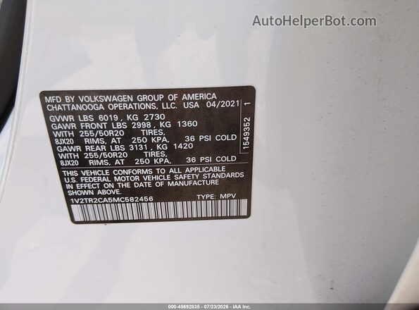 1V2TR2CA5MC582456 2021 VOLKSWAGEN ATLAS White ძრავის განყოფილების ხედი