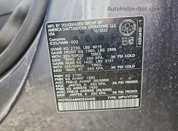 1V2TR2CA6MC540409 2021 VOLKSWAGEN ATLAS Gray Widok naklejki z numerem VIN