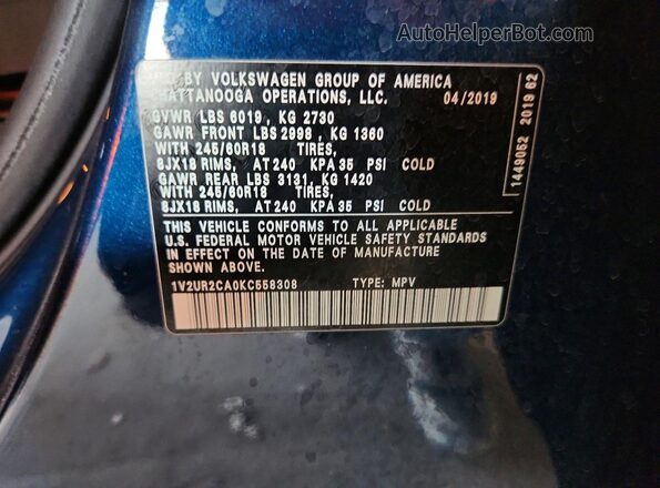1V2UR2CA0KC558308 2019 VOLKSWAGEN ATLAS Blue VIN կոդի պիտակի տեսք