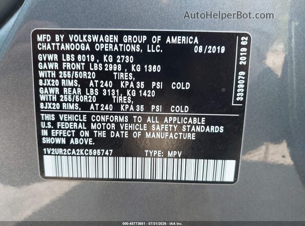 1V2UR2CA2KC595747 2019 VOLKSWAGEN ATLAS Gray Вид підкапотного простору