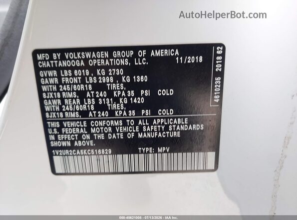 1V2UR2CA5KC516829 2019 VOLKSWAGEN ATLAS White Vista del compartimento del motor