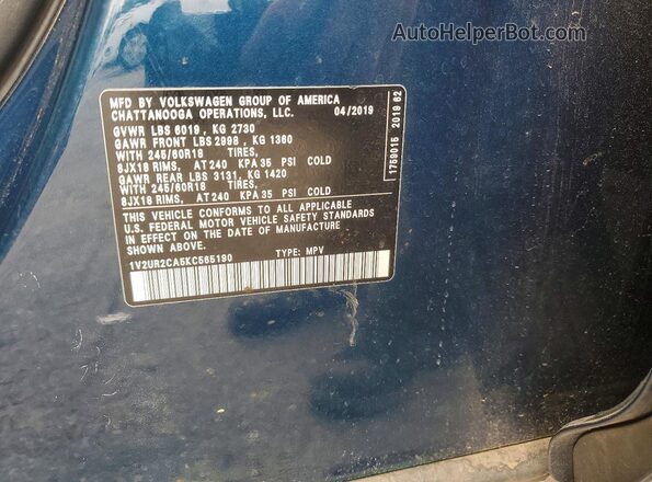 1V2UR2CA5KC565190 2019 VOLKSWAGEN ATLAS Blue Vista de la etiqueta del VIN