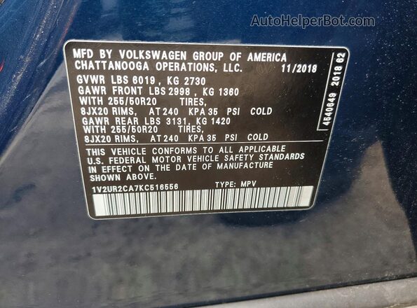 1V2UR2CA7KC516556 2019 VOLKSWAGEN ATLAS Blue VIN კოდის სტიკერის ხედი
