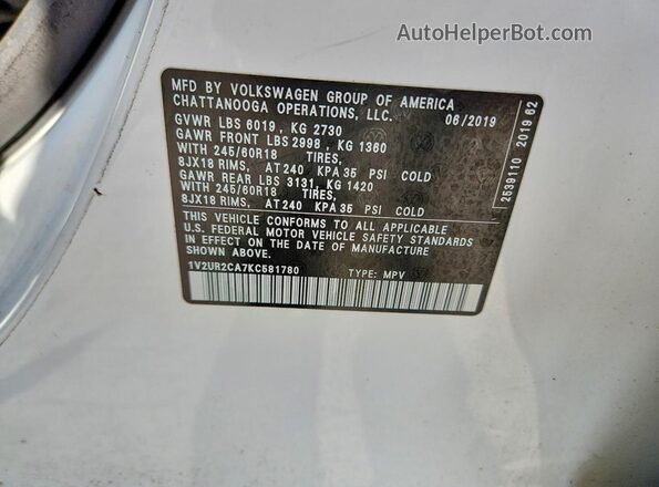 1V2UR2CA7KC581780 2019 VOLKSWAGEN ATLAS White VIN კოდის სტიკერის ხედი