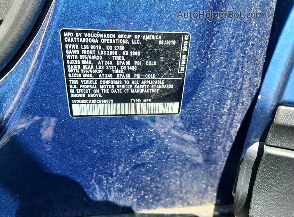 1V2UR2CA9KC598872 2019 VOLKSWAGEN ATLAS Blue Vista del compartimento del motor