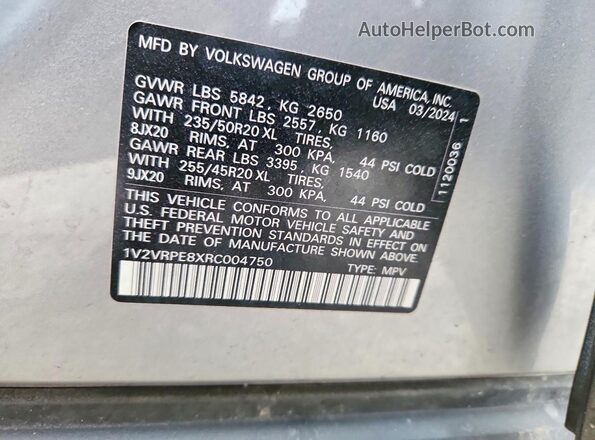 1V2VRPE8XRC004750 2024 VOLKSWAGEN ID.4 Серебряный Вид наклейки с VIN-кодом