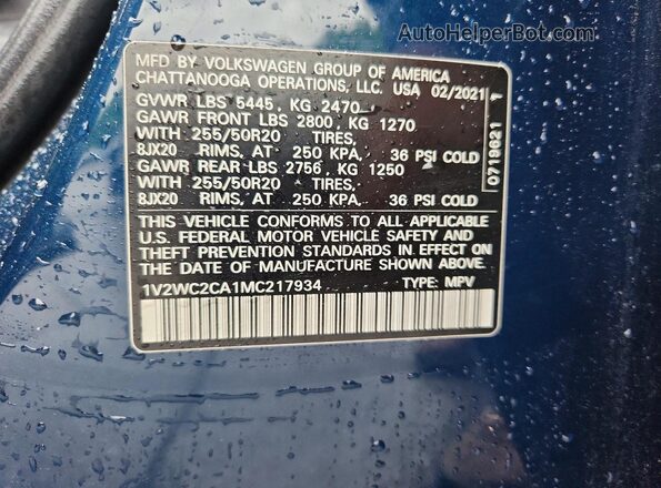 1V2WC2CA1MC217934 2021 VOLKSWAGEN ATLAS Blue Widok naklejki z numerem VIN