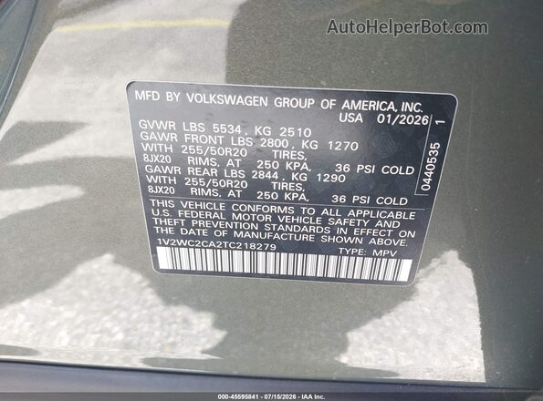 1V2WC2CA2TC218279 2026 VOLKSWAGEN ATLAS Green Widok komory silnika