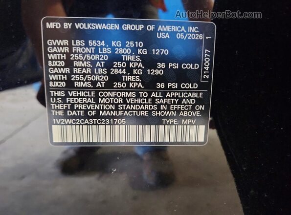 1V2WC2CA3TC231705 2026 VOLKSWAGEN ATLAS Black Widok naklejki z numerem VIN