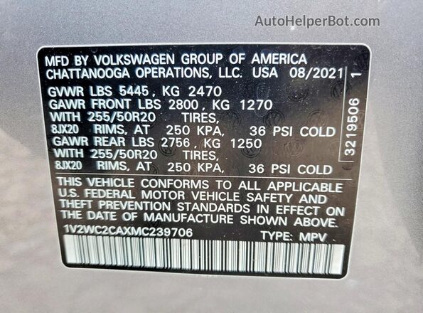 1V2WC2CAXMC239706 2021 VOLKSWAGEN ATLAS Gray Vista de la etiqueta del VIN