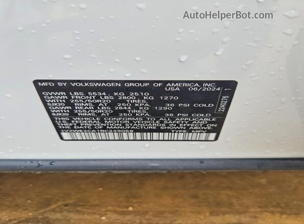 1V2WE2CA1RC249056 2024 VOLKSWAGEN ATLAS White Вид наклейки з VIN-кодом