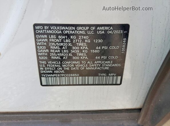 1V2WNPE87PC026850 2023 VOLKSWAGEN ID.4 Белый Вид наклейки с VIN-кодом