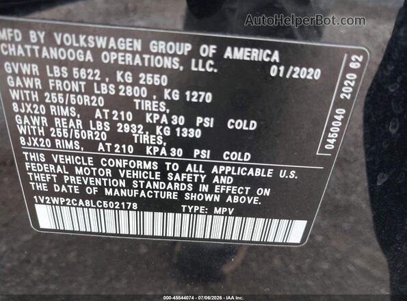 1V2WP2CA8LC502178 2020 VOLKSWAGEN ATLAS Black Widok komory silnika