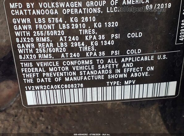 1V2WR2CA0KC608276 2019 VOLKSWAGEN ATLAS Black Vista del compartimento del motor
