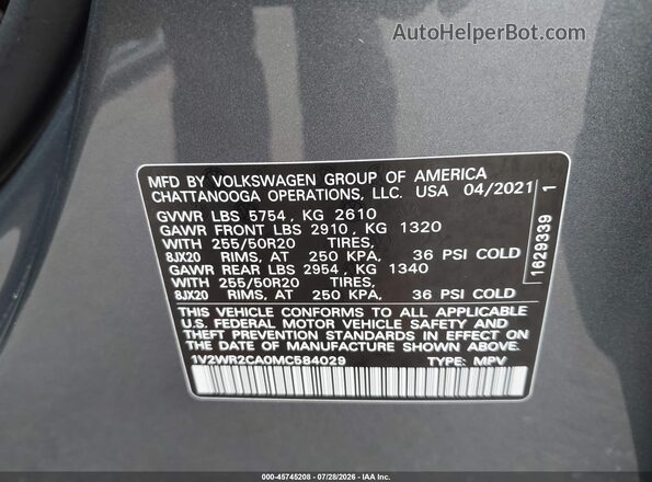 1V2WR2CA0MC584029 2021 VOLKSWAGEN ATLAS Gray ძრავის განყოფილების ხედი