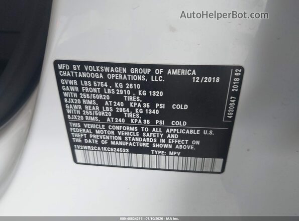 1V2WR2CA1KC524533 2019 VOLKSWAGEN ATLAS Белый Вид подкапотного пространства