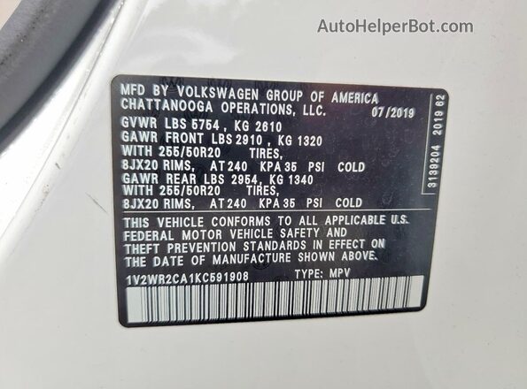 1V2WR2CA1KC591908 2019 VOLKSWAGEN ATLAS White Widok komory silnika