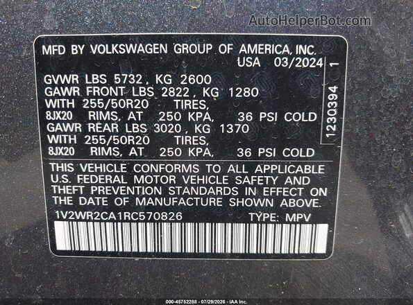 1V2WR2CA1RC570826 2024 VOLKSWAGEN ATLAS Gray Vista del compartimento del motor