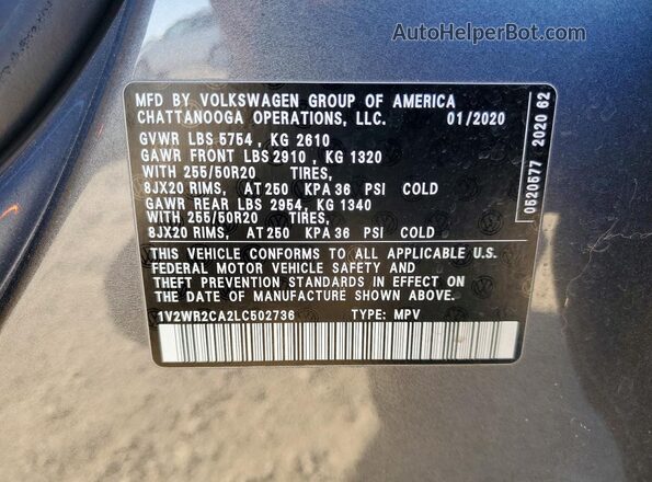 1V2WR2CA2LC502736 2020 VOLKSWAGEN ATLAS Gray Вид наклейки з VIN-кодом