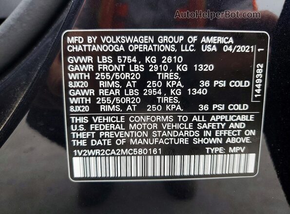 1V2WR2CA2MC580161 2021 VOLKSWAGEN ATLAS Charcoal Vista interior de 360 grados