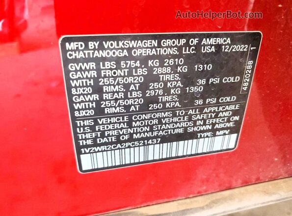 1V2WR2CA2PC521437 2023 VOLKSWAGEN ATLAS Red Вид наклейки з VIN-кодом