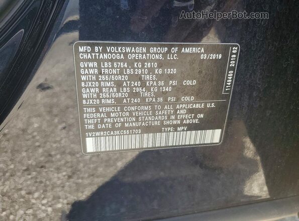 1V2WR2CA3KC551703 2019 VOLKSWAGEN ATLAS Черный Вид подкапотного пространства