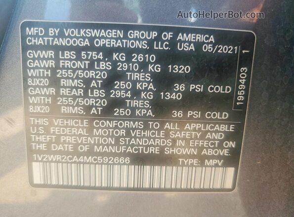 1V2WR2CA4MC592666 2021 VOLKSWAGEN ATLAS Gray Widok naklejki z numerem VIN