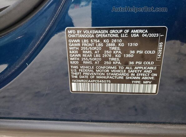 1V2WR2CA4PC545075 2023 VOLKSWAGEN ATLAS Blue VIN կոդի պիտակի տեսք