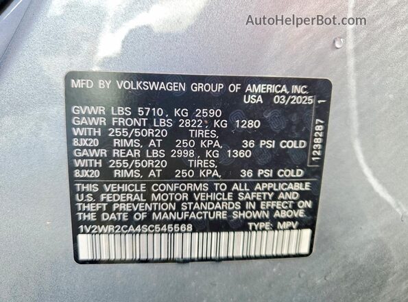 1V2WR2CA4SC545568 2025 VOLKSWAGEN ATLAS Серебряный Вид наклейки с VIN-кодом