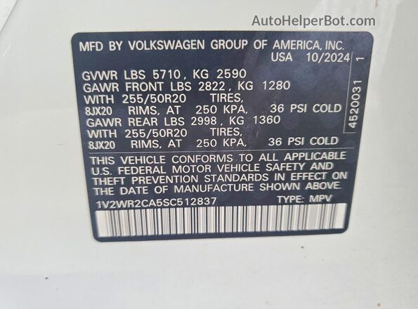 1V2WR2CA5SC512837 2025 VOLKSWAGEN ATLAS White Widok naklejki z numerem VIN