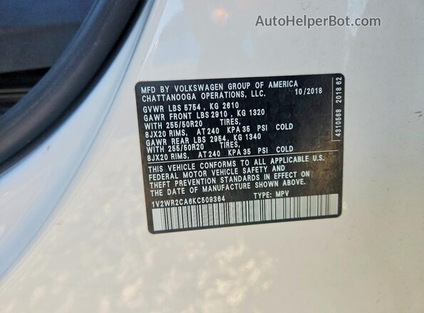 1V2WR2CA6KC509364 2019 VOLKSWAGEN ATLAS White Widok naklejki z numerem VIN