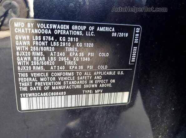 1V2WR2CA6KC606483 2019 VOLKSWAGEN ATLAS Black VIN sticker view