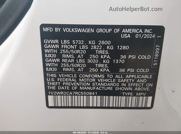 1V2WR2CA7RC550841 2024 VOLKSWAGEN ATLAS White Widok komory silnika