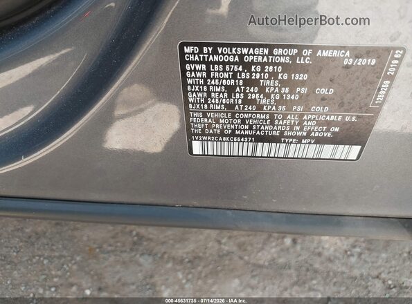 1V2WR2CA8KC554371 2019 VOLKSWAGEN ATLAS Gray ძრავის განყოფილების ხედი