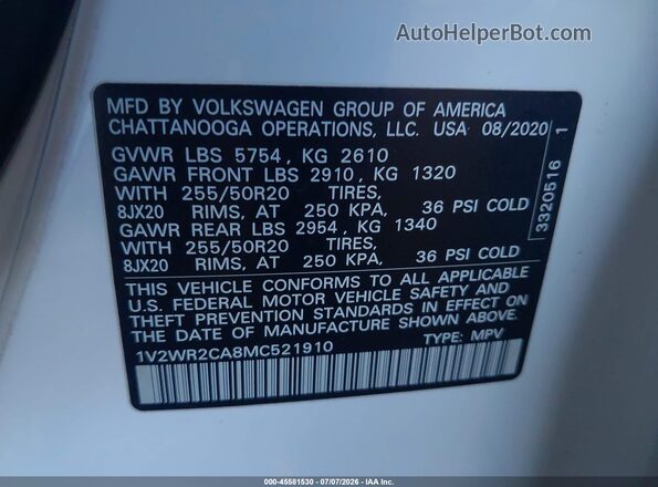 1V2WR2CA8MC521910 2021 VOLKSWAGEN ATLAS Белый Вид подкапотного пространства