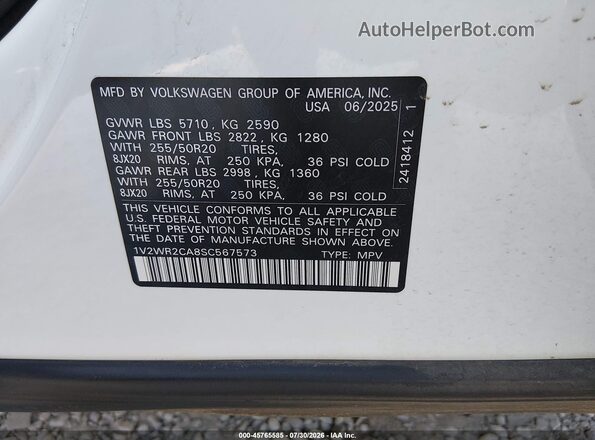 1V2WR2CA8SC567573 2025 VOLKSWAGEN ATLAS White Engine compartment view