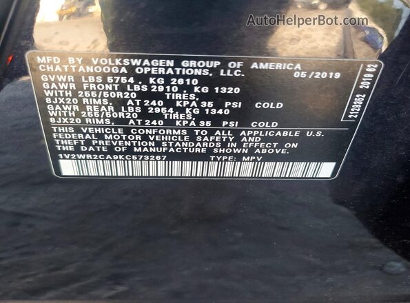 1V2WR2CA9KC573267 2019 VOLKSWAGEN ATLAS Black Widok naklejki z numerem VIN