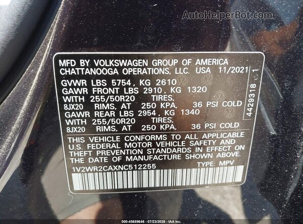 1V2WR2CAXNC512255 2022 VOLKSWAGEN ATLAS Black Vista del compartimento del motor