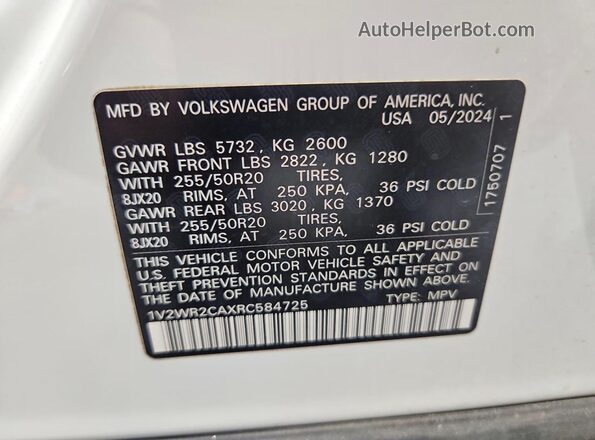 1V2WR2CAXRC584725 2024 VOLKSWAGEN ATLAS Белый Вид наклейки с VIN-кодом